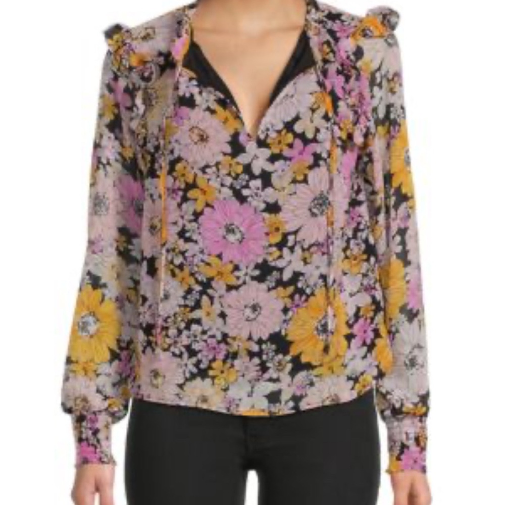 Black and Yellow Floral V-Neck Flutter Sleeve Blouse